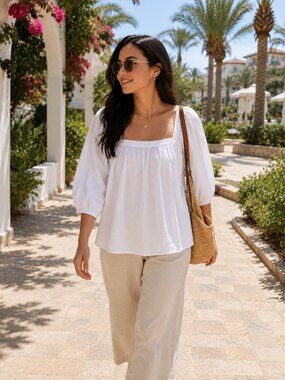 Madewell NWT White Square Neck Puff Sleeve Cotton Blend Blouse Size 6